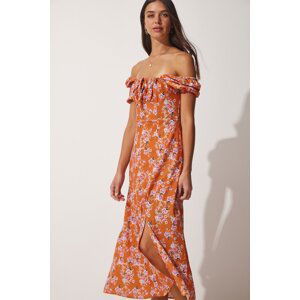 Happiness İstanbul Women's Orange Gathered Collar Floral Satin Surface Summer Dress