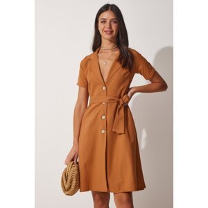 Happiness İstanbul Women's Tan Belted Woven Shirt Dress