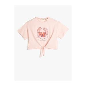 Koton T-Shirt Front Tie Detail Short Sleeve Cotton Crab Embroidery Detail