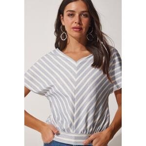 Happiness İstanbul Women's Light Blue White Striped V Neck Knitted Blouse