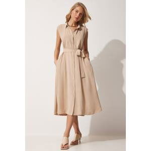 Happiness İstanbul Women's Cream Belted Linen Viscose Summer Shirt Dress