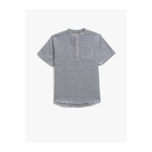 Koton Mandarin Collar T-Shirt Short Sleeve Buttoned Single Pocket Striped Cotton