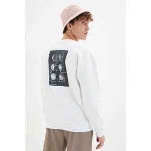 Trendyol White Men's Oversize/Wide Cut Crew Neck Space Printed Fleece Inner Sweatshirt