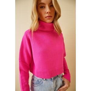 Happiness İstanbul Women's Vibrant Pink Turtleneck Crop Knitwear Sweater