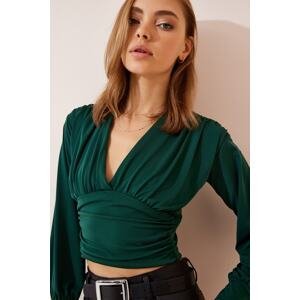 Happiness İstanbul Women's Emerald Green Deep V-Neck Crop Sandy Knitted