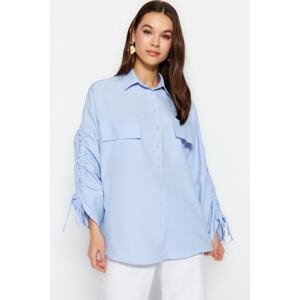 Trendyol Light Blue Adjustable Gathered Detail Woven Cotton Shirt with Sleeves
