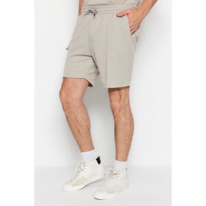Trendyol Stone Men's Regular/Normal Fit Medium Length Textured Elastic Waist Laced Stitch Detail Pique Shorts