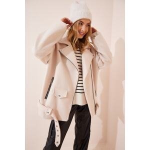 Happiness İstanbul Women's Cream Wool Oversize Thick Biker Coat