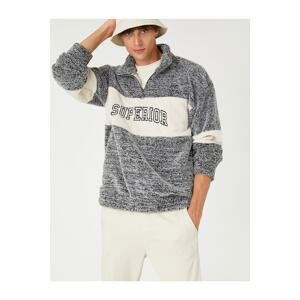 Koton Stand Collar Sweatshirt Slogan Printed Color Blocked