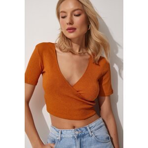 Happiness İstanbul Women's Tile Wrap Collar Crop Knitted Blouse