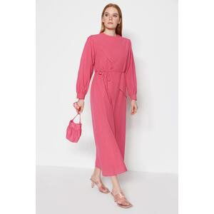 Trendyol Fuchsia Belted Front Pieced Cotton Woven Dress