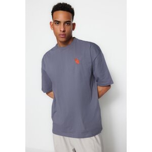 Trendyol Men's Oversize/Wide Cut Crew Neck Short Sleeve Fox Embroidered 1 Cotton T-Shirt