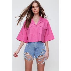 Trend Alaçatı Stili Women's Fuchsia Envelope Pocket Crop Poplin Shirt