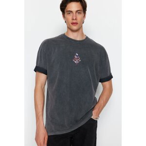 Trendyol Anthracite Men's Oversize/Wide Cut Short Sleeve Snake Printed Vintage/Faded Effect 100% Cotton T-Shirt