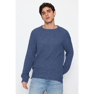 Trendyol Men's Indigo Oversize Fit Wide Fit Crew Neck Slit Knitwear Sweater