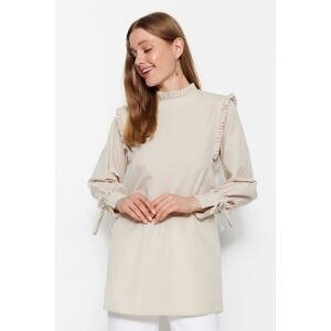 Trendyol Stone Shoulder and Cuff Frilly Woven Cotton Tunic