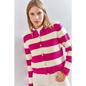 Bianco Lucci Women's Metal Buttoned Thick Striped Knitwear Cardigan