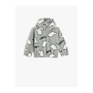 Koton Fleece Hooded Sweatshirt Polar Bear Patterned Cuffs and Elastic Waist