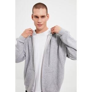 Trendyol Gray Men's Basic Oversize/Wide Cut with a Zippered Hooded Thick Sweatshirt-cardigan
