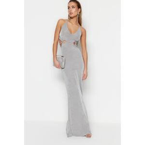 Trendyol Gray Fitted Knitted Out Detailed Shimmering Long Evening Evening Dress