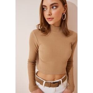 Happiness İstanbul Women's Biscuit Ribbed Turtleneck Crop Knitted Blouse