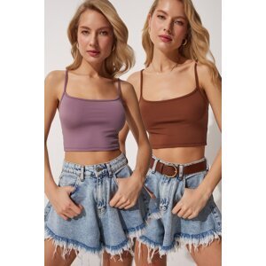 Happiness İstanbul Women's Lilac Brown 2 Pack Strap Knitted Crop Bustier Blouse