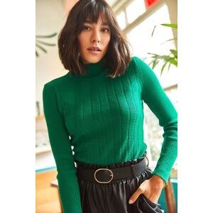 Olalook Women's Emerald Green Half Turtleneck Zigzag Textured Soft Knitwear Sweater