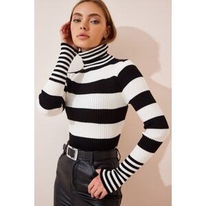 Happiness İstanbul Women's Black and White Turtleneck Striped Knitwear Blouse