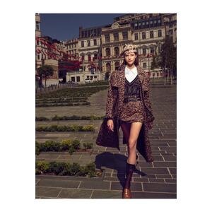 Koton Leopard Patterned Trench Coat with Belt Detail
