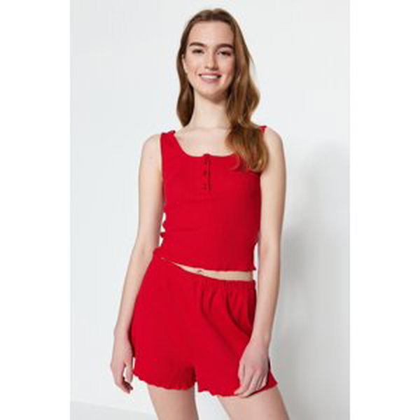 Trendyol Red Button Detailed Ribbed Cotton Singlet-Short Knitted Pajamas Set