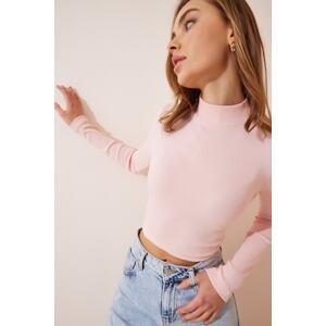 Happiness İstanbul Women's Light Pink Ribbed Turtleneck Crop Knitted Blouse