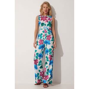 Happiness İstanbul Women's Ecru Blue Floral Summer Knitted Jumpsuit