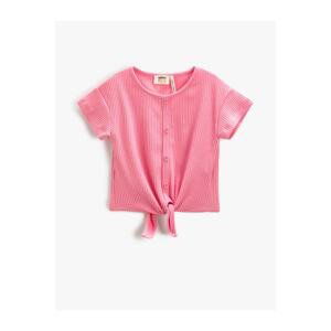 Koton Basic Crop T-Shirt Tied Waist Ribbed Button Short Sleeve