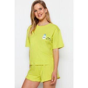 Trendyol Light Green Cotton Printed T-shirt-Shorts Knitted Pajama Set