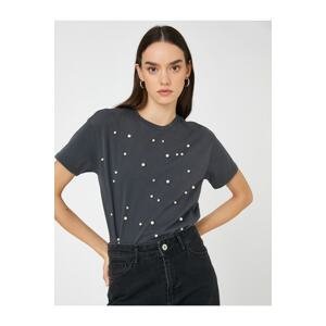 Koton Short Sleeve T-Shirt Crew Neck Pearl And Stone Detailed