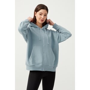 LOS OJOS Women's Blue Gray Hooded Oversize Raised Zipper Knitted Sweatshirt