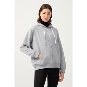 LOS OJOS Women's Melange Gray Hooded Oversize Raised Zipper Knitted Sweatshirt