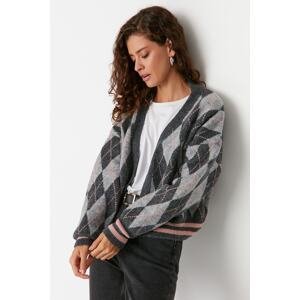 Trendyol Gray Soft Textured Diamond Pattern Knitwear Cardigan