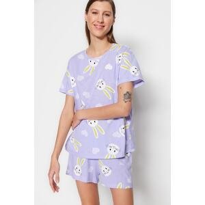Trendyol Lilac 100% Cotton Heart Rabbit Printed Tshirt-Shorts Knitted Pajama Set