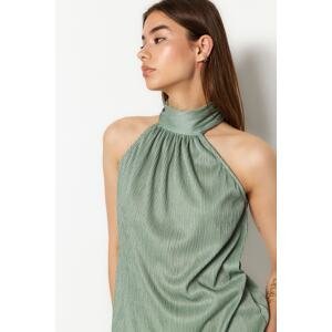 Trendyol Mint High Neck Regular Fit Pleated Knitted Blouse