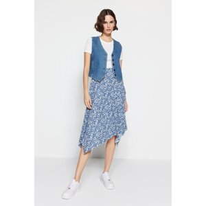 Trendyol Indigo Patterned Flounce Asymmetric High Waist Midi Flexible Knitted Skirt
