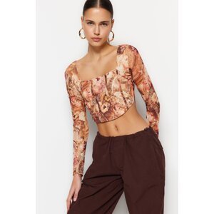 Trendyol Limited Edition Orange Back Transparent Printed Lined Crop Tulle Stretchy Knitted Blouse