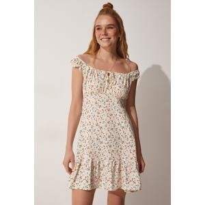 Happiness İstanbul Women's Cream Floral Summer Gathered Viscose Dress