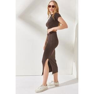 Olalook Women's Bitter Brown Short Sleeved Lycra Suit with a Slit and Skirt