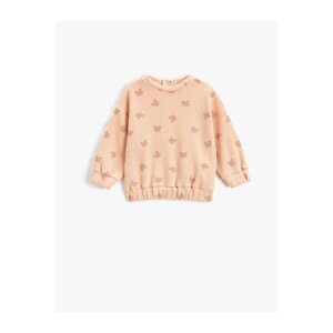 Koton Butterfly Printed Sweatshirt Textured Crew Neck Long Sleeve with Snap Fasteners on Collar