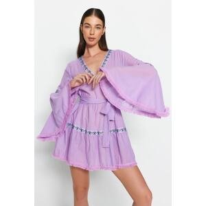 Trendyol Lilac Belted Mini Woven Ruffle 100% Cotton Beach Dress