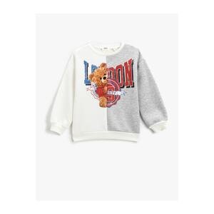 Koton College Themed Teddy Bear Printed Sweatshirt Color Contrast Crew Neck