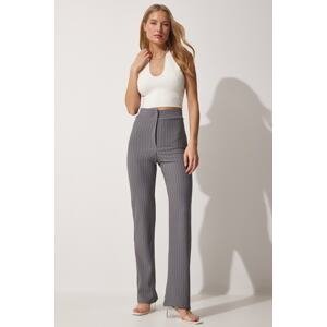 Happiness İstanbul Women's Gray High Waist Striped Pants