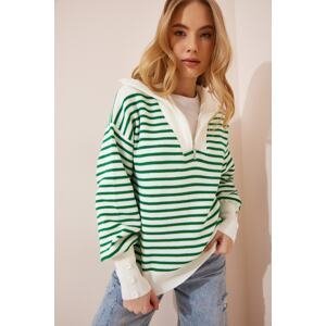 Happiness İstanbul Women's Bone Green Striped Zipper Collar Oversize Knitwear Sweater