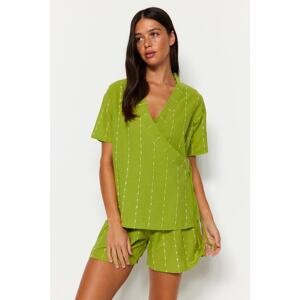 Trendyol Light Green Striped 100% Cotton Wide Fit T-shirt-Shorts Woven Pajama Set